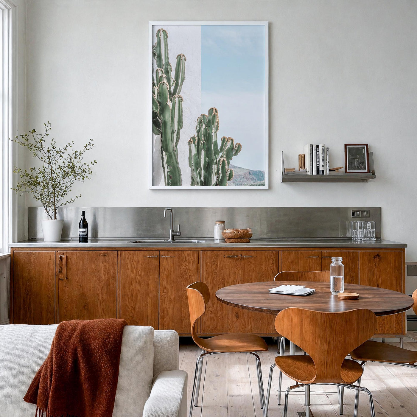 Cactus no. 1 colorful photo poster – vertical wall art in white wood frame, hanging on wall