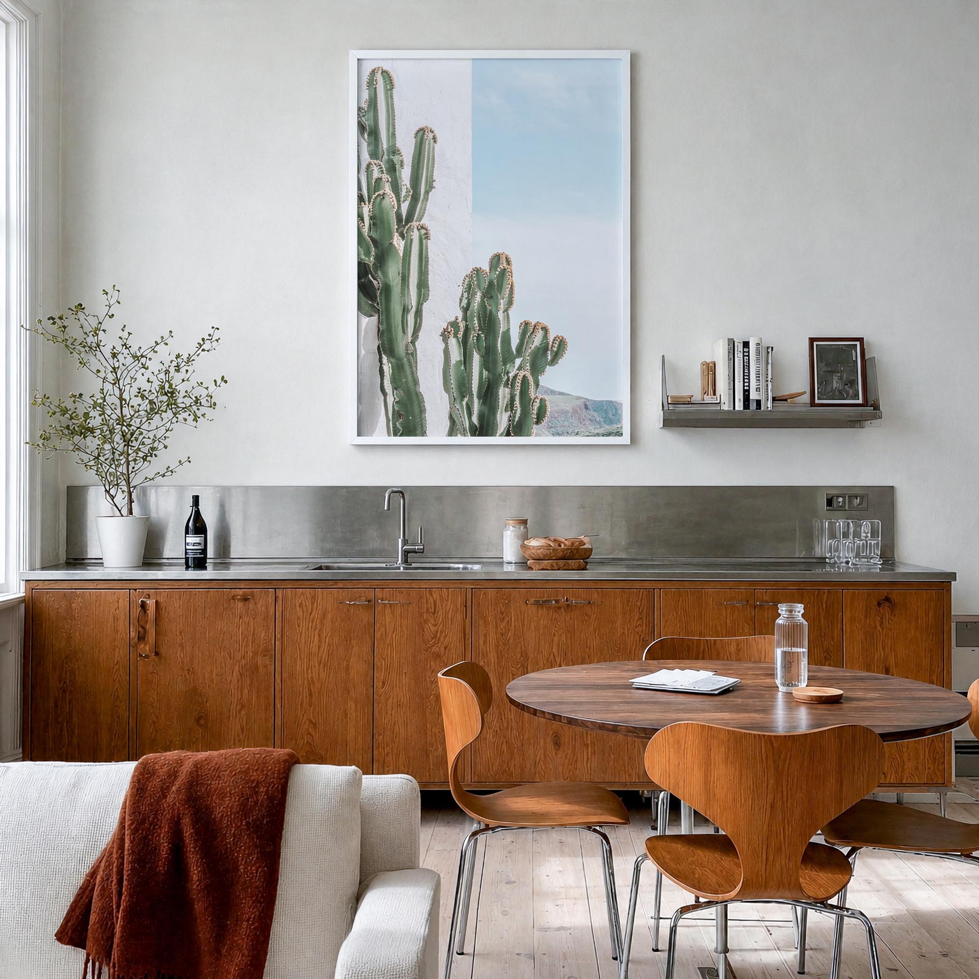 Cactus no. 1 colorful photo poster – vertical wall art in white wood frame, hanging on wall