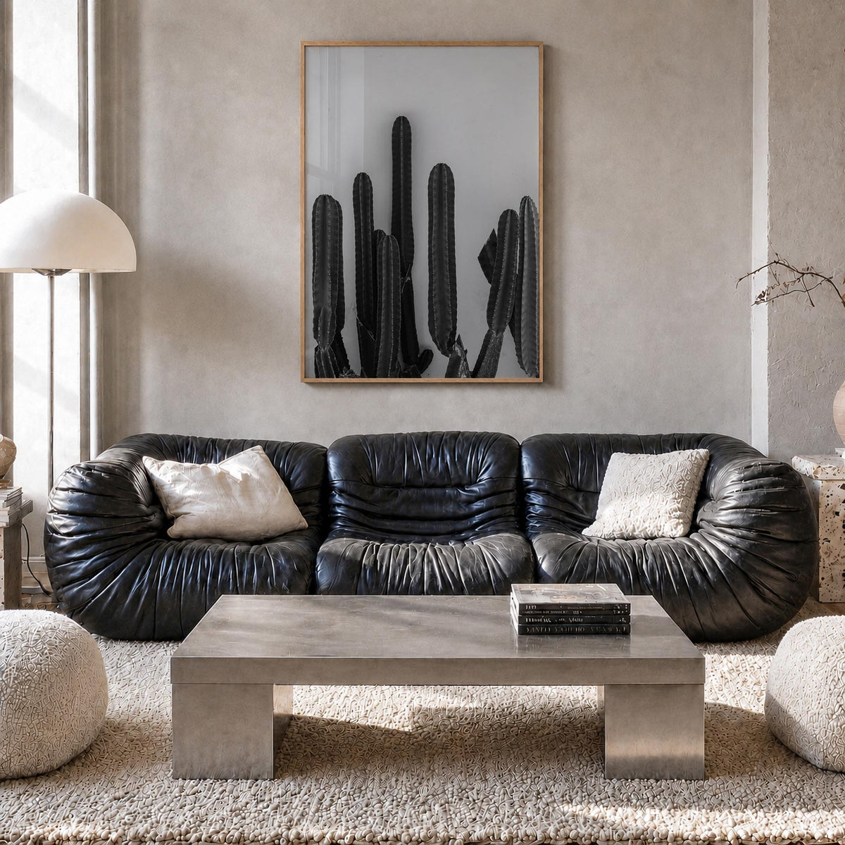 Cactus black & white photo poster – vertical wall art in natural wood frame, hanging on wall