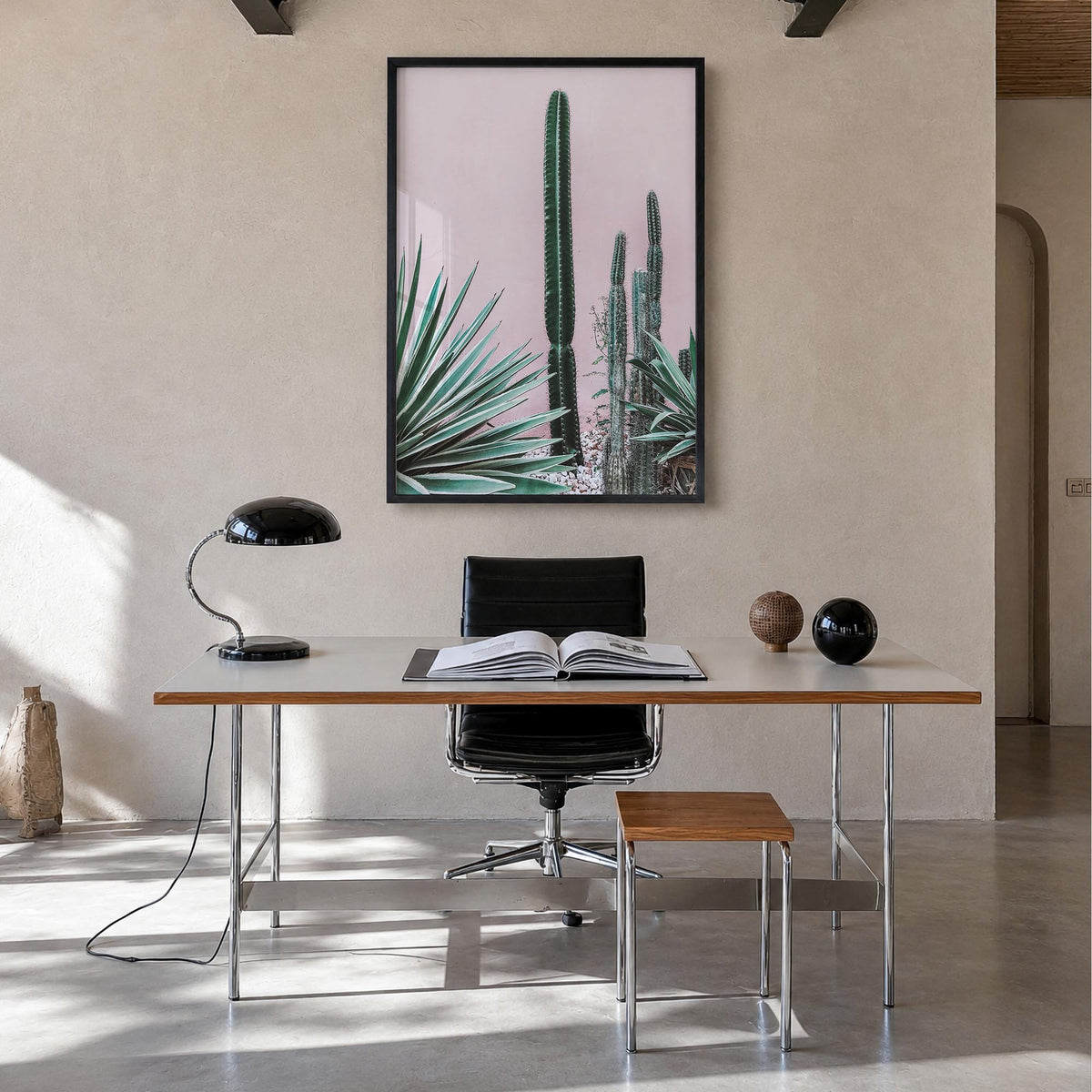 Cactus no. 2 colorful photo poster – vertical wall art in black wood frame, hanging on wall