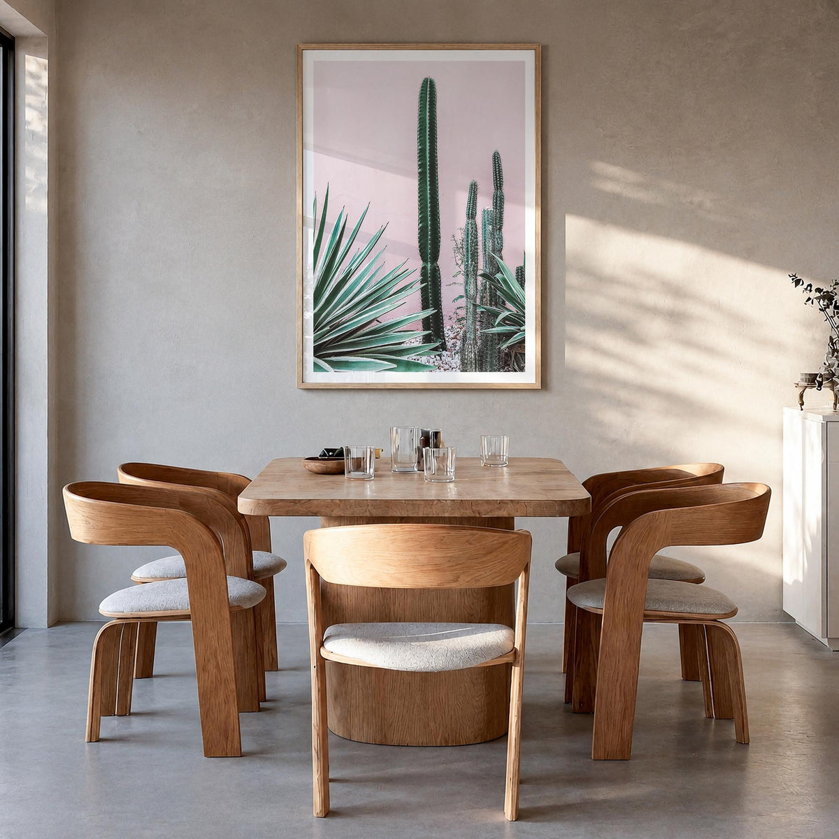 Cactus no. 2 colorful photo poster – vertical wall art in natural wood frame with white border, hanging on wall