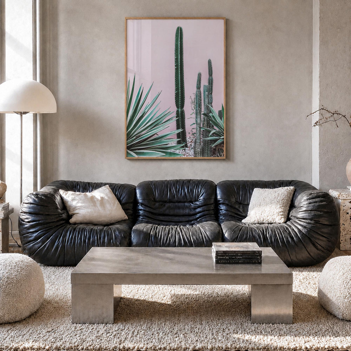 Cactus no. 2 colorful photo poster – vertical wall art in natural wood frame, hanging on wall