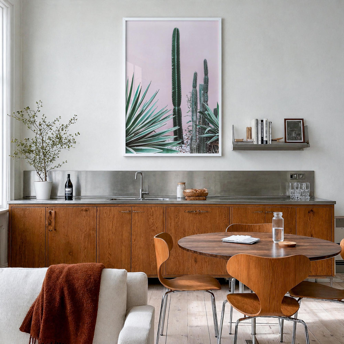 Cactus no. 2 colorful photo poster – vertical wall art in white wood frame, hanging on wall