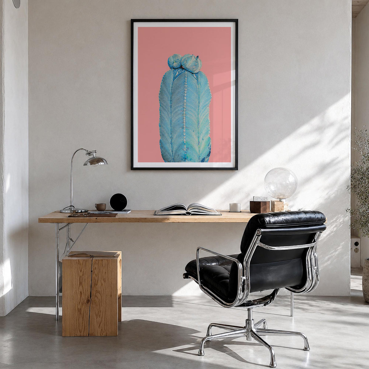 Cactus no. 4 colorful photo poster – vertical wall art in black wood frame with white border, hanging on wall