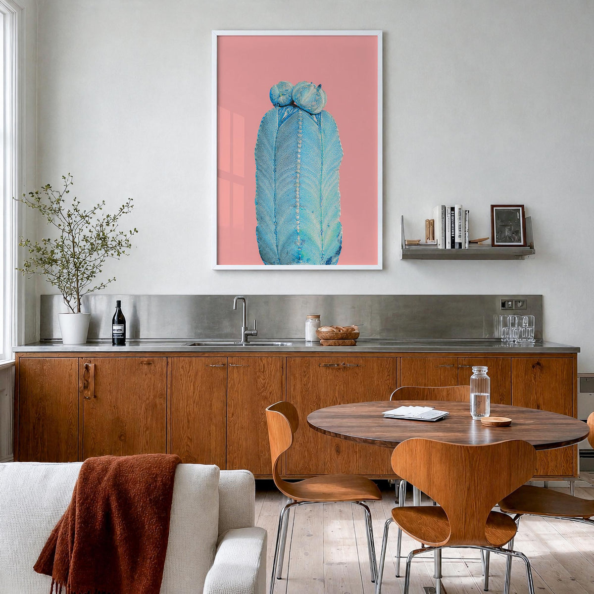 Cactus no. 4 colorful photo poster – vertical wall art in white wood frame, hanging on wall
