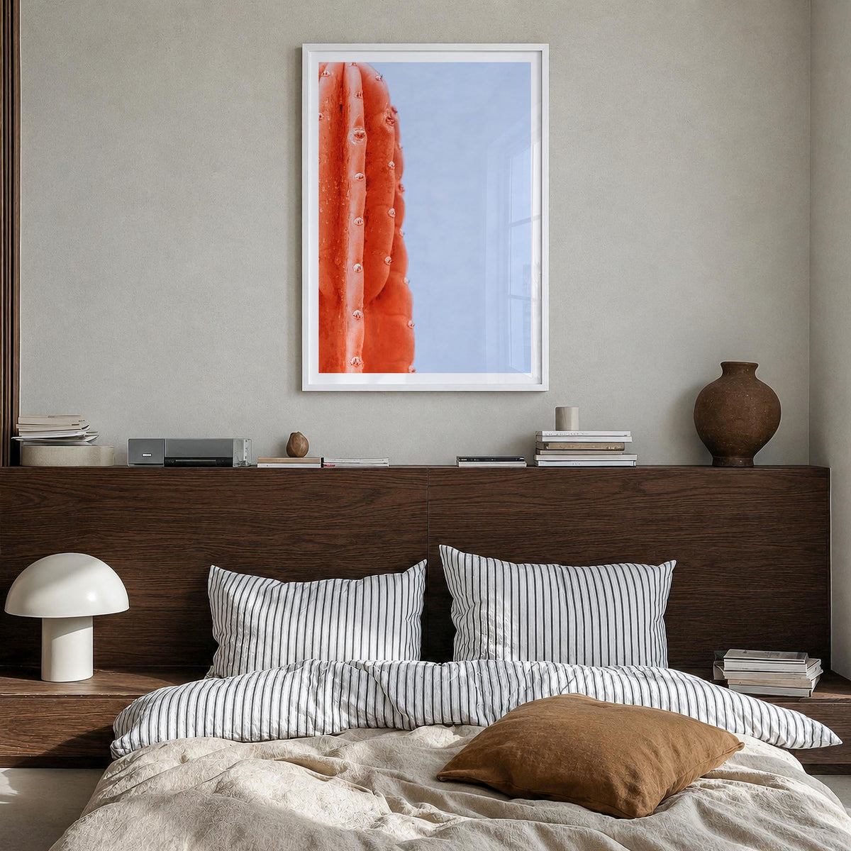 Cactus no. 5 colorful photo poster – vertical wall art in white wood frame with white border, hanging on wall