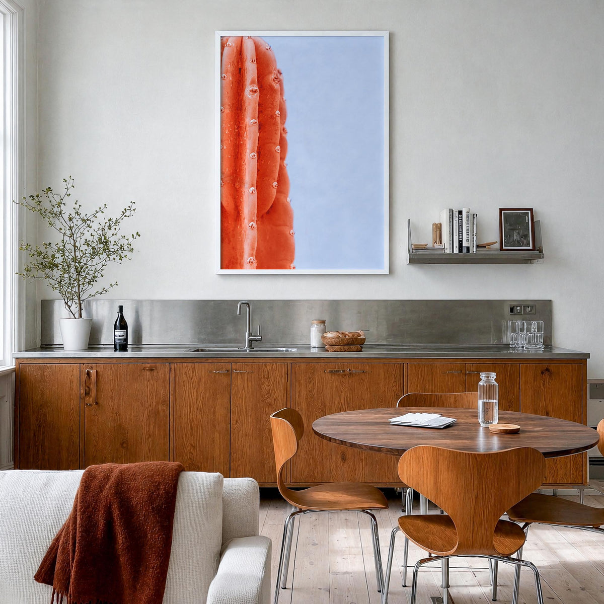 Cactus no. 5 colorful photo poster – vertical wall art in white wood frame, hanging on wall