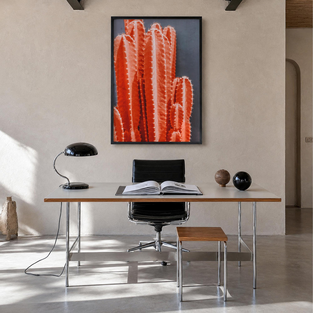 Cactus no. 6 colorful photo poster – vertical wall art in black wood frame, hanging on wall