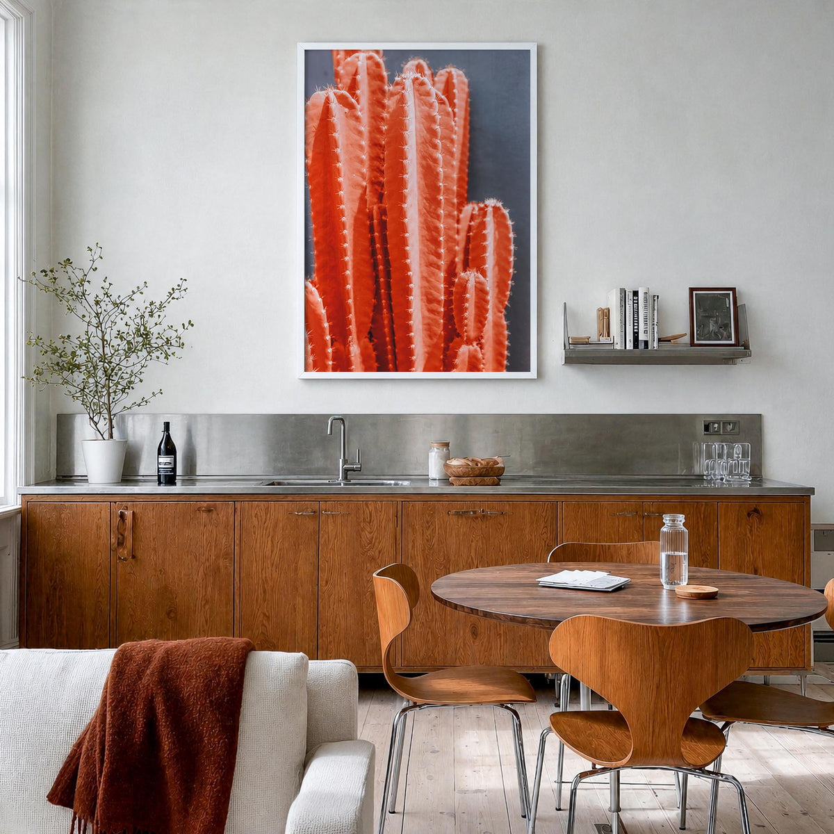 Cactus no. 6 colorful photo poster – vertical wall art in white wood frame, hanging on wall