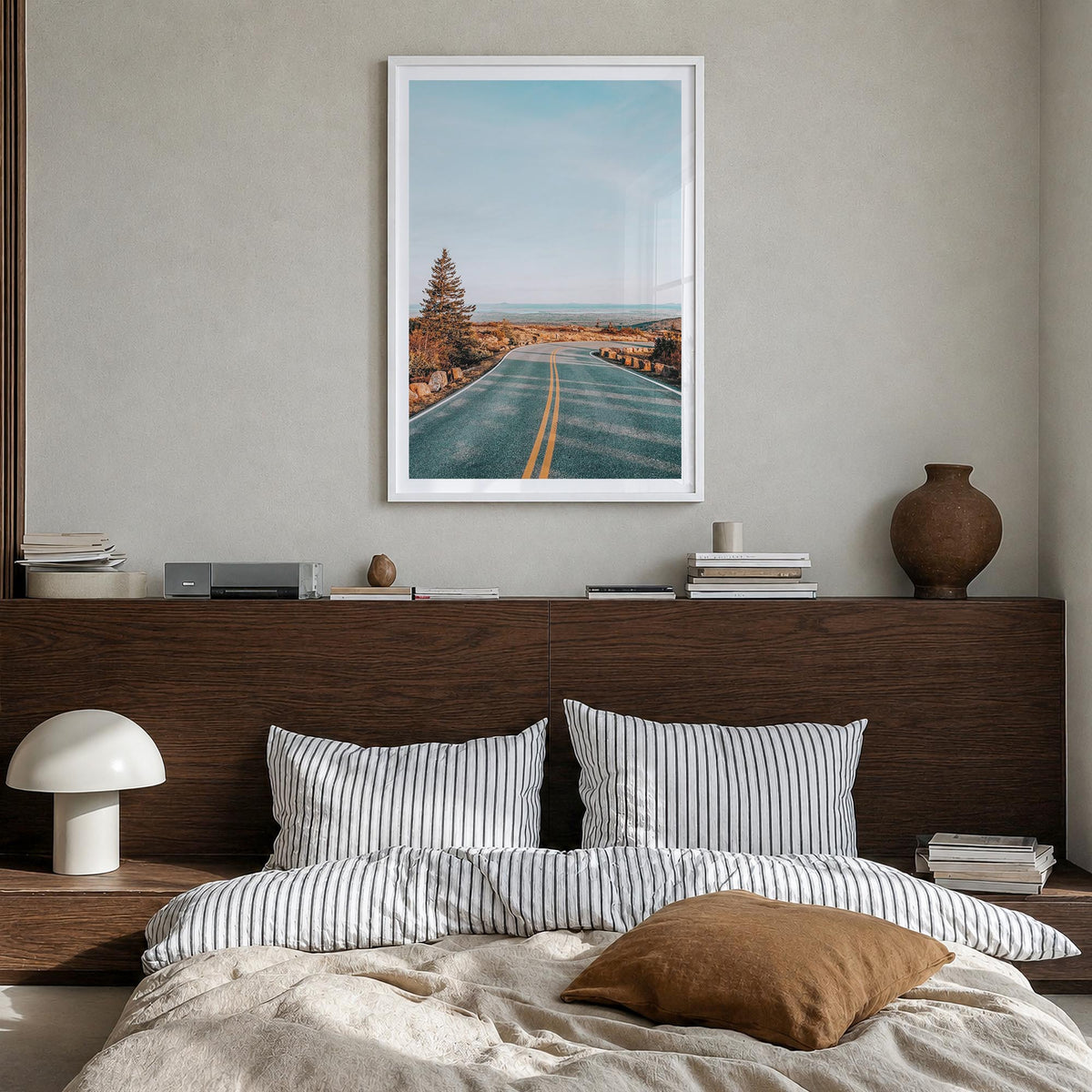 Cadillac Mountain colorful photo poster of Maine, USA – vertical wall art in white wood frame with white border, hanging on w