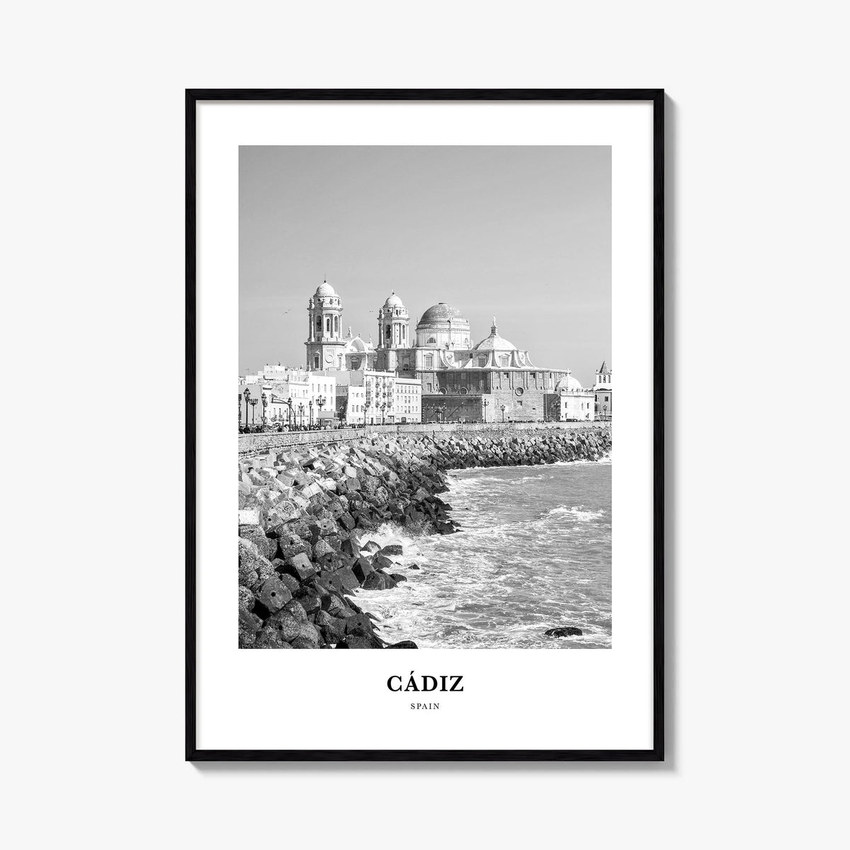 Cádiz black & white classic poster of Spain – vertical wall art, unframed print shown in interior mockup