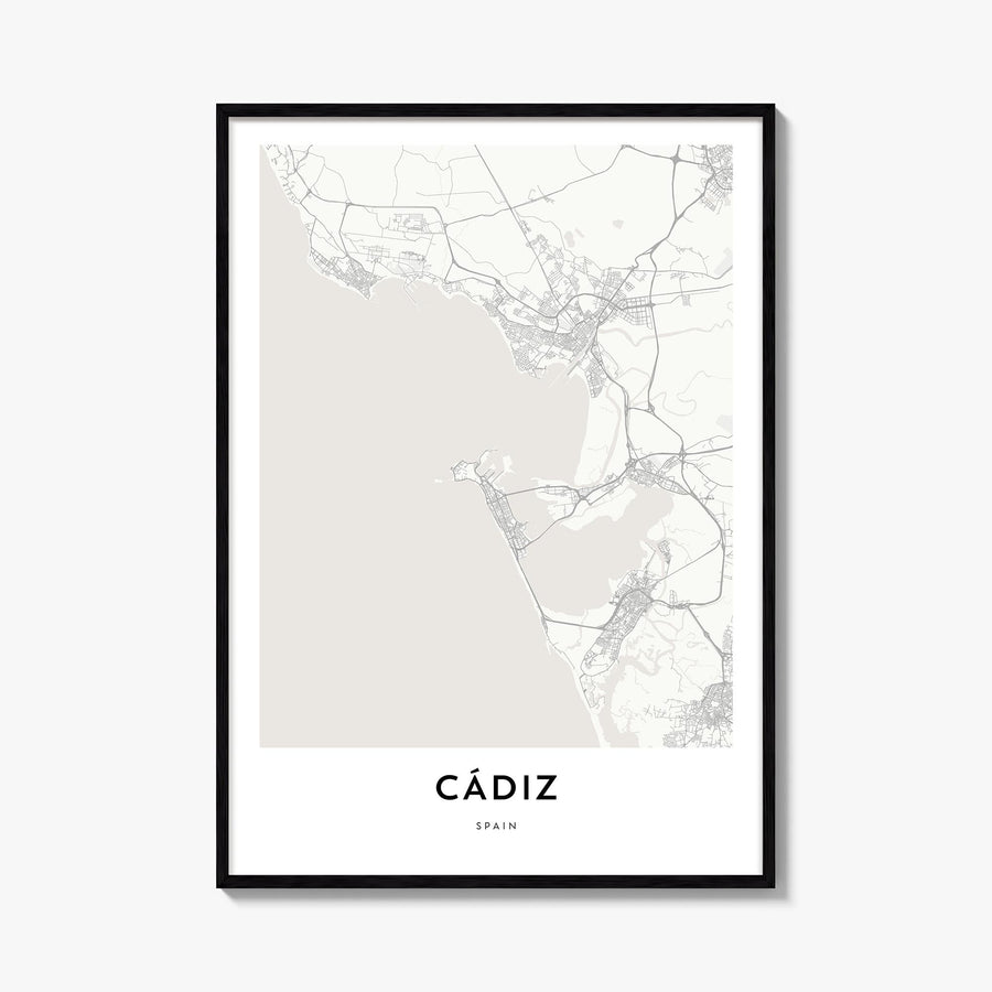Cádiz black & white map poster of Spain – vertical wall art, unframed print shown in interior mockup