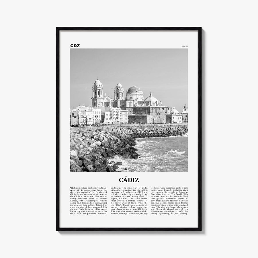 Cádiz black & white newspaper poster of Spain – vertical wall art, unframed print shown in interior mockup
