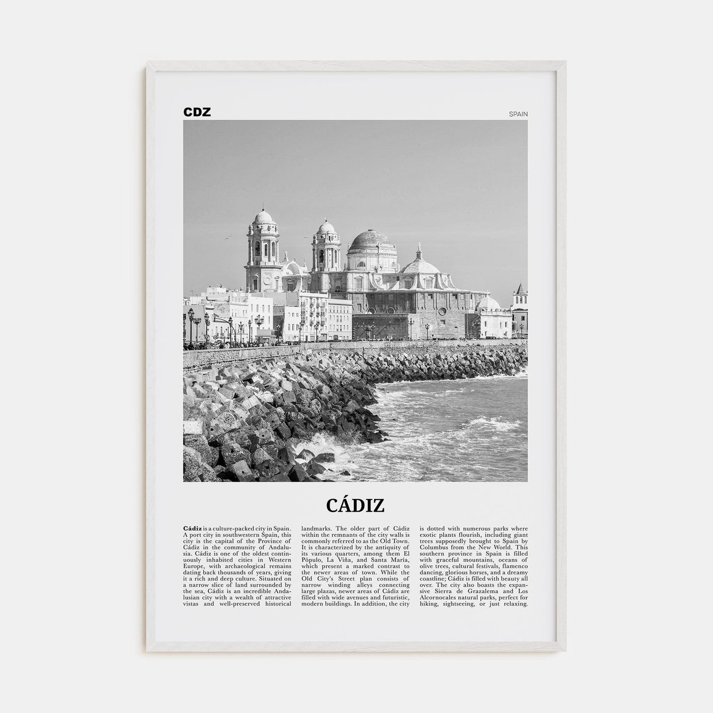 Cádiz Poster White Wood / 8x12 in Nbourhood Travel B&W Poster