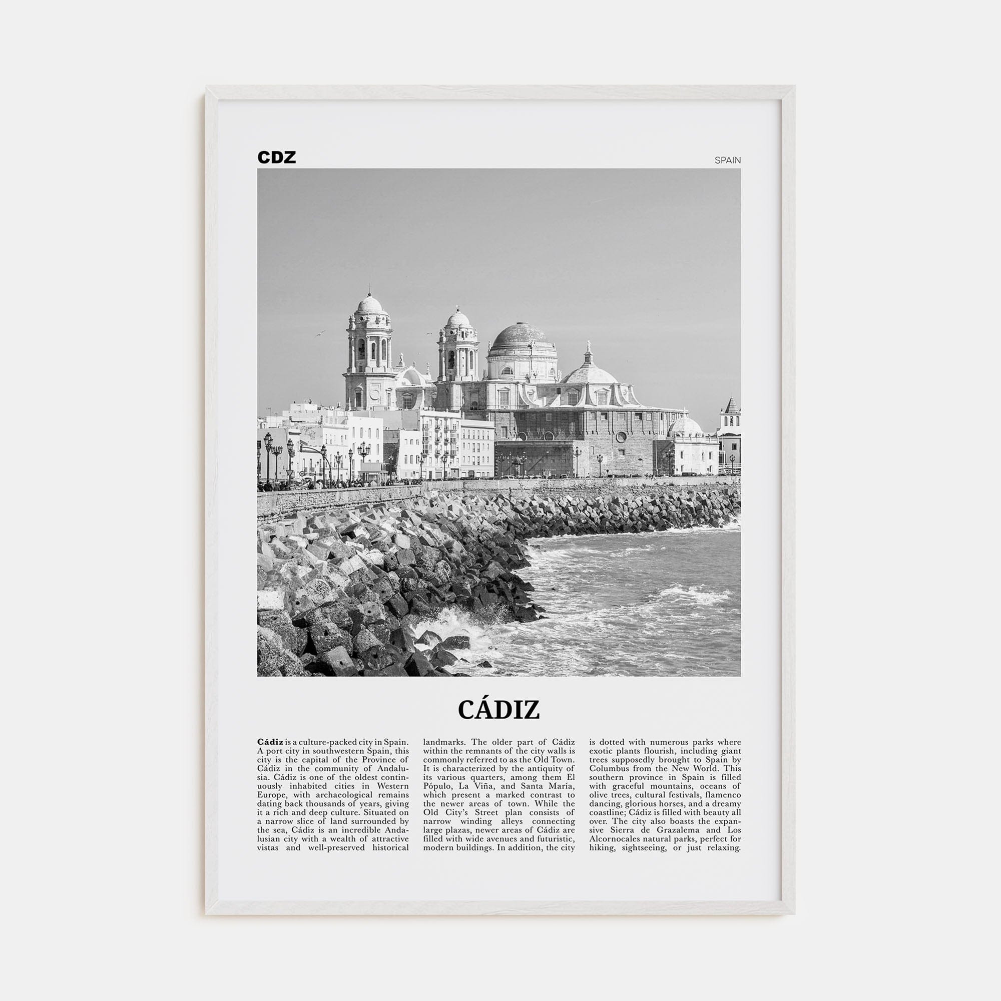 Cádiz Poster White Wood / 8x12 in Nbourhood Travel B&W Poster