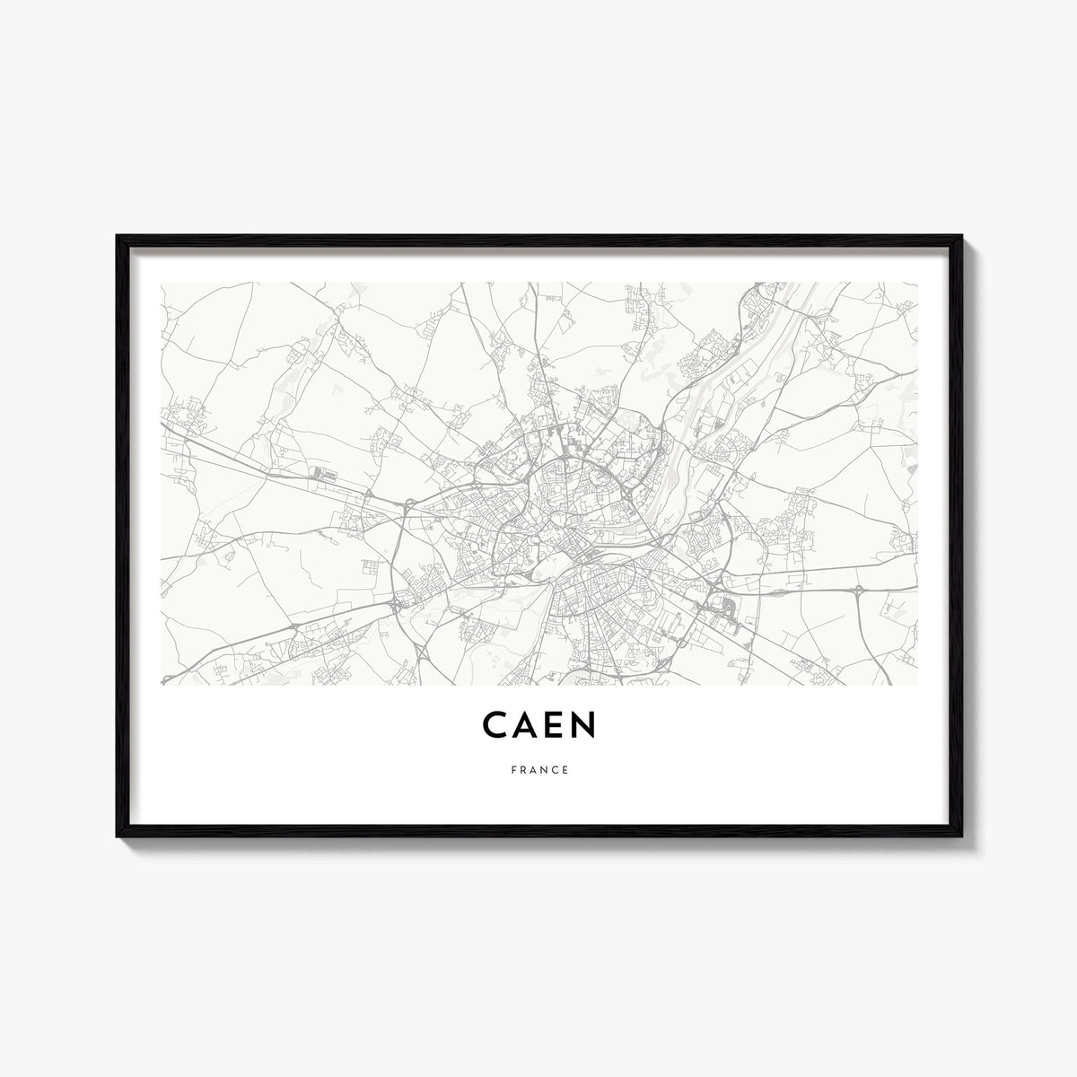 Caen black & white map poster of France – horizontal wall art, unframed print shown in interior mockup