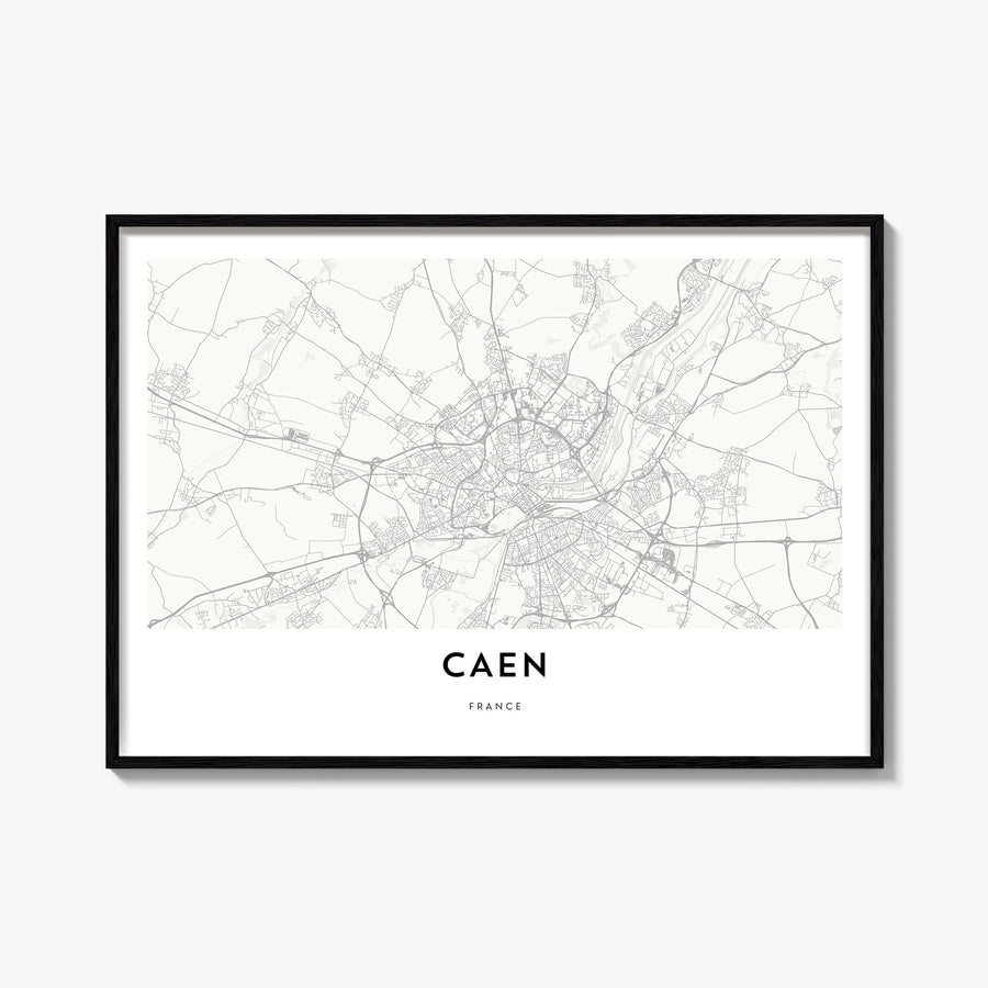 Caen black & white map poster of France – horizontal wall art, unframed print shown in interior mockup