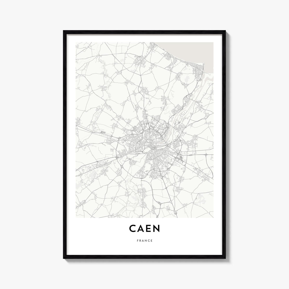 Caen black & white map poster of France – vertical wall art, unframed print shown in interior mockup