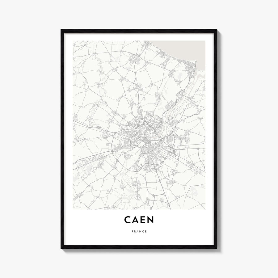 Caen black & white map poster of France – vertical wall art, unframed print shown in interior mockup