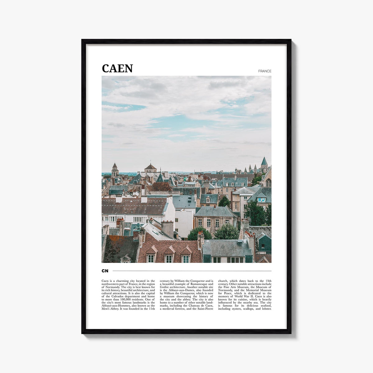 Caen colorful travel poster of France – vertical wall art, unframed print shown in interior mockup