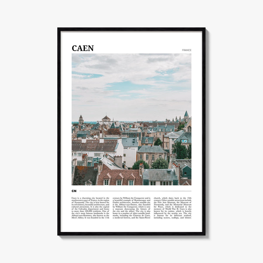 Caen colorful travel poster of France – vertical wall art, unframed print shown in interior mockup