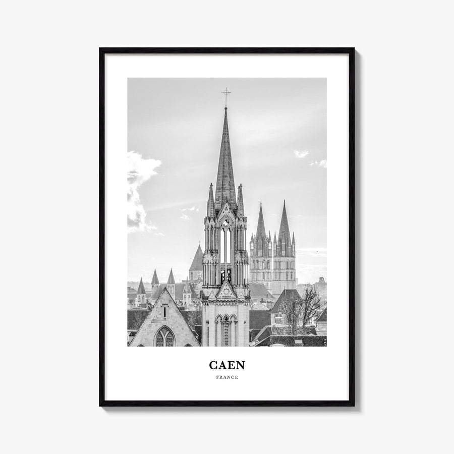 Caen no. 1 black & white classic poster of France – vertical wall art, unframed print shown in interior mockup