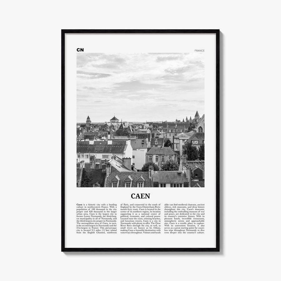 Caen no. 1 black & white newspaper poster of France – vertical wall art, unframed print shown in interior mockup