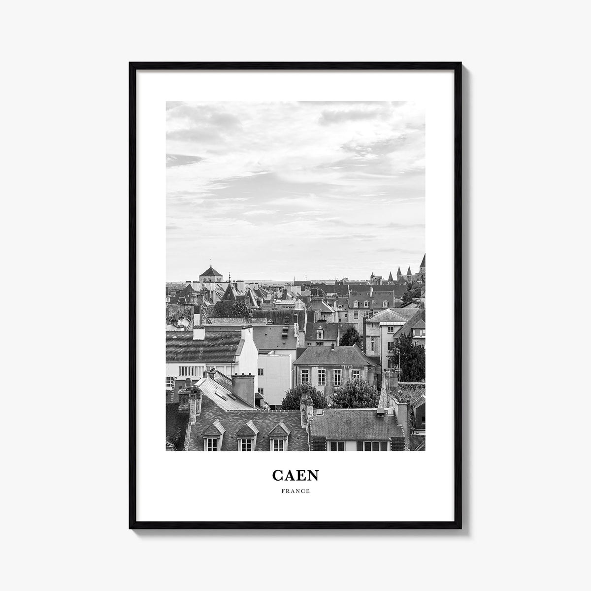 Caen no. 2 black & white classic poster of France – vertical wall art, unframed print shown in interior mockup