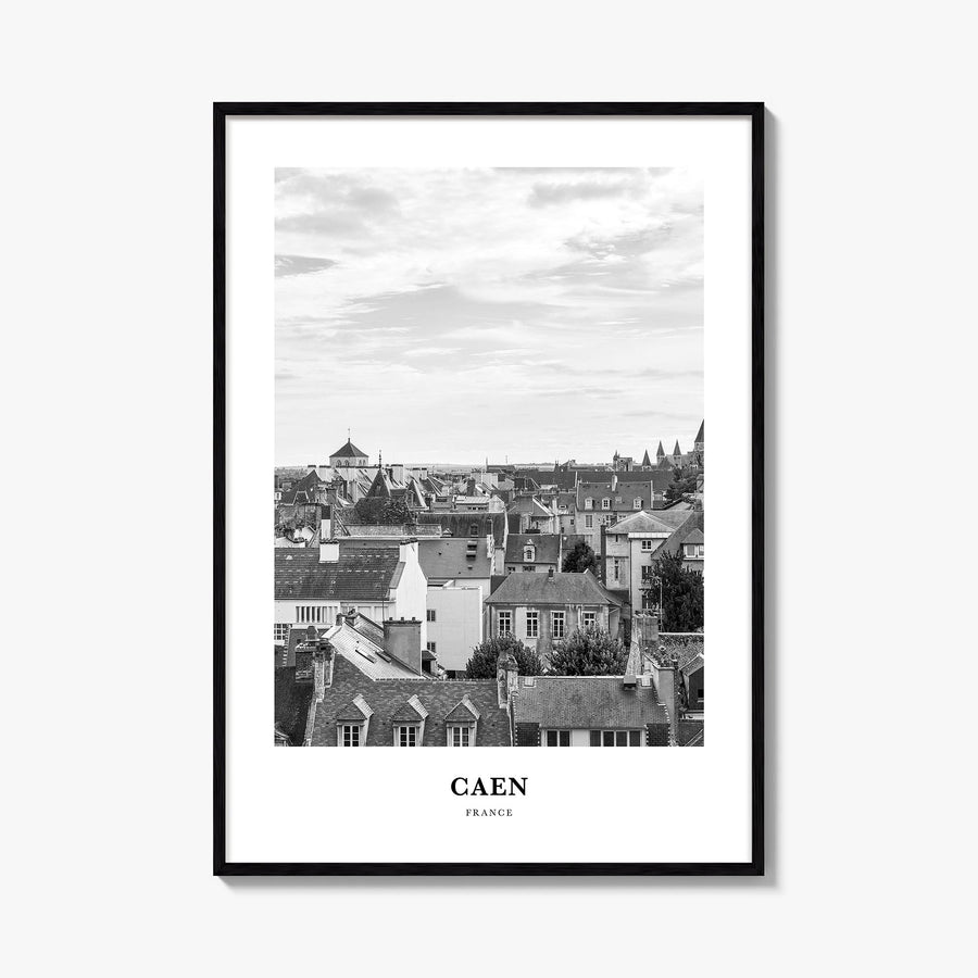 Caen no. 2 black & white classic poster of France – vertical wall art, unframed print shown in interior mockup