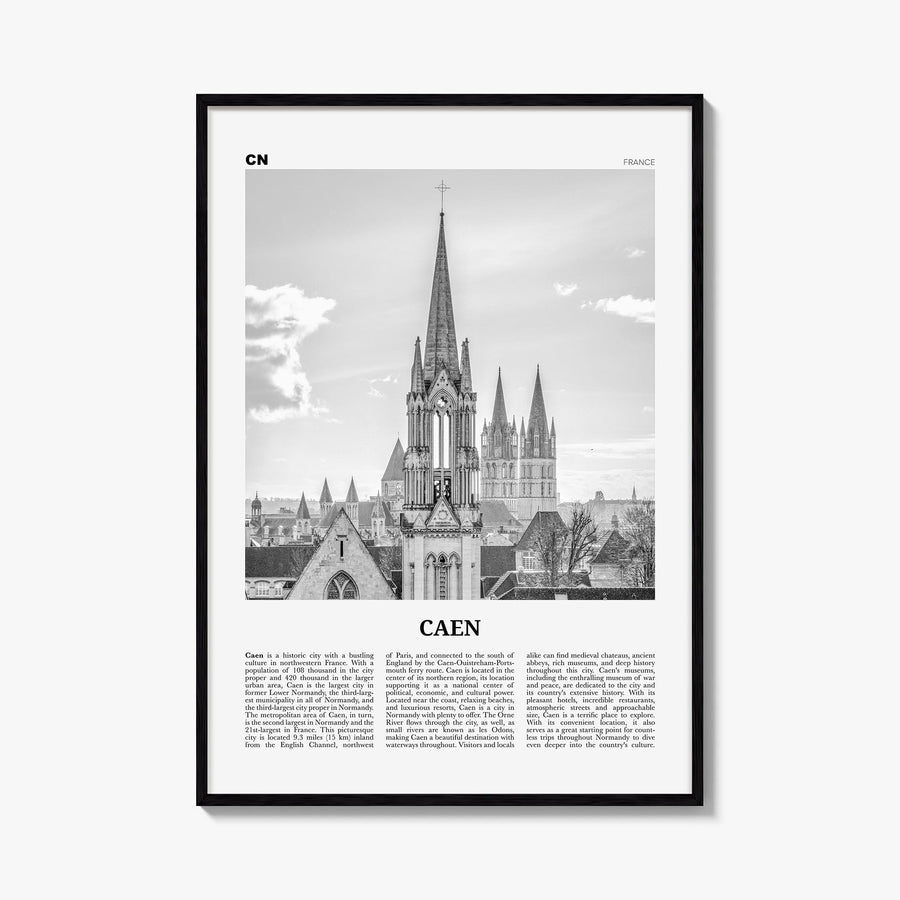 Caen no. 2 black & white newspaper poster of France – vertical wall art, unframed print shown in interior mockup