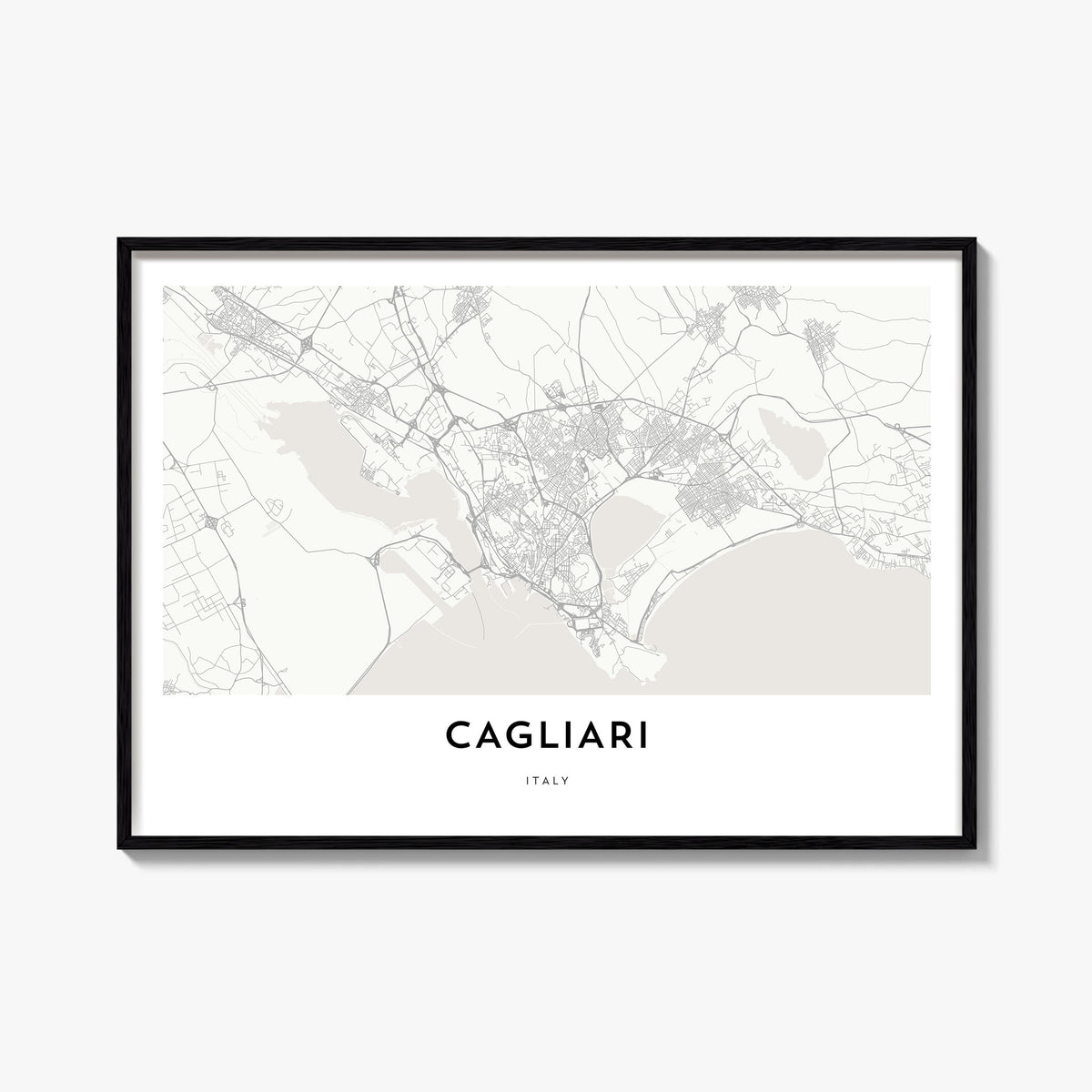 Cagliari black & white map poster of Italy – horizontal wall art, unframed print shown in interior mockup