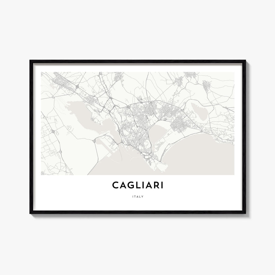 Cagliari black & white map poster of Italy – horizontal wall art, unframed print shown in interior mockup