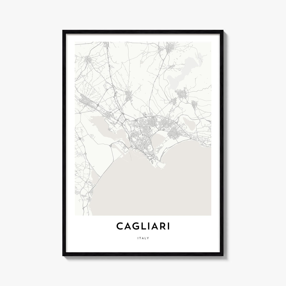 Cagliari black & white map poster of Italy – vertical wall art, unframed print shown in interior mockup