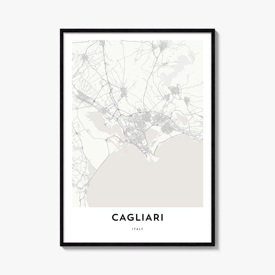 Cagliari black & white map poster of Italy – vertical wall art, unframed print shown in interior mockup