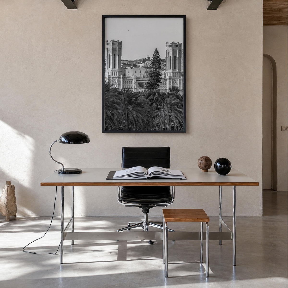 Cagliari black & white photo poster of Italy – vertical wall art in black wood frame, hanging on wall