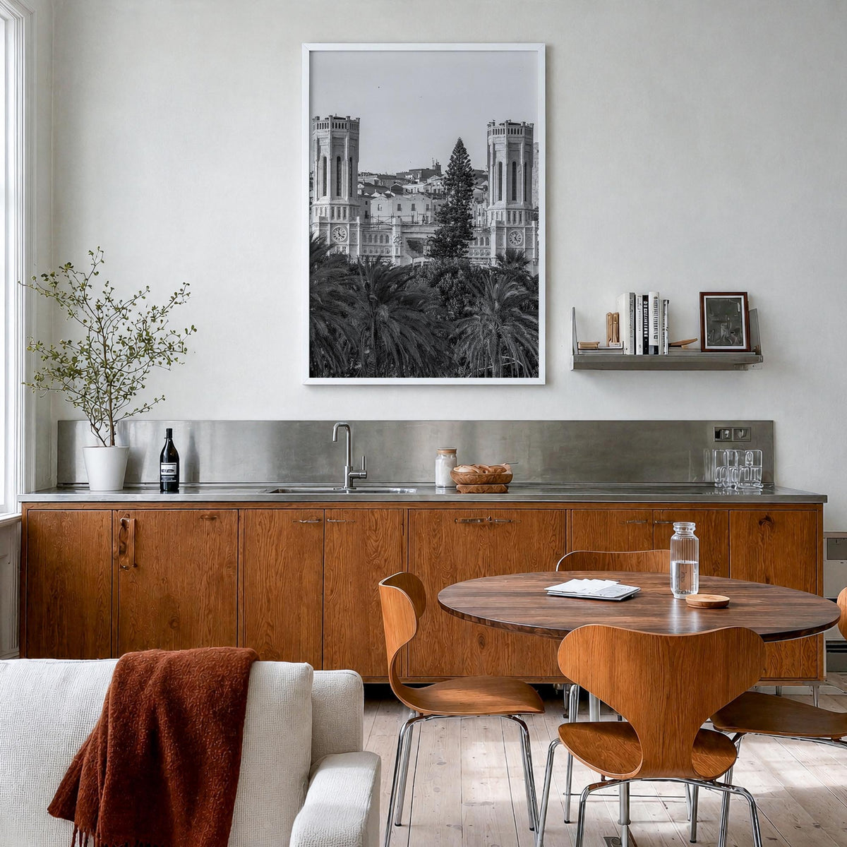 Cagliari black & white photo poster of Italy – vertical wall art in white wood frame, hanging on wall