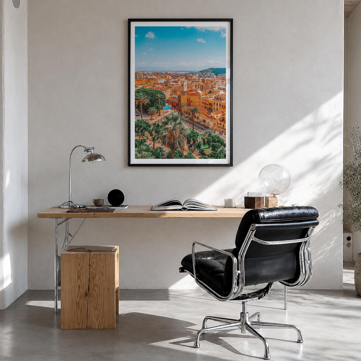 Cagliari colorful photo poster of Italy – vertical wall art in black wood frame with white border, hanging on wall