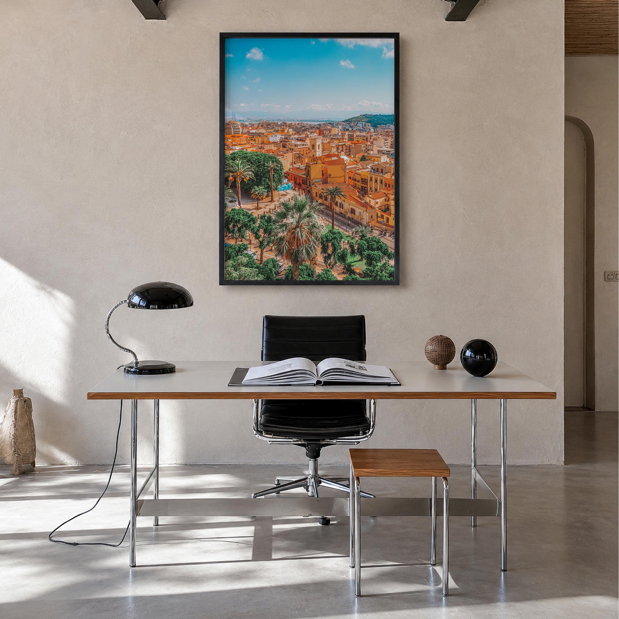 Cagliari colorful photo poster of Italy – vertical wall art in black wood frame, hanging on wall