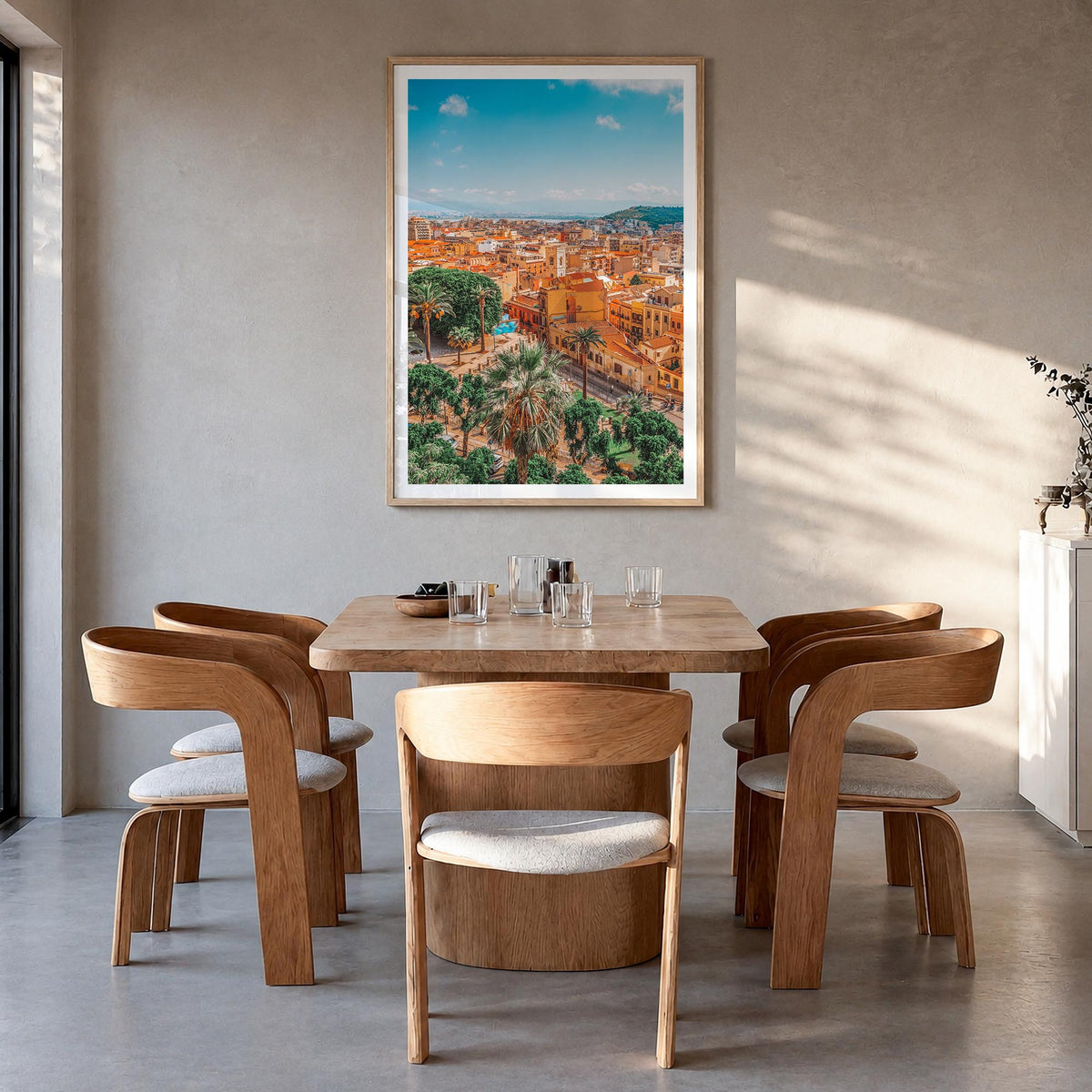 Cagliari colorful photo poster of Italy – vertical wall art in natural wood frame with white border, hanging on wall