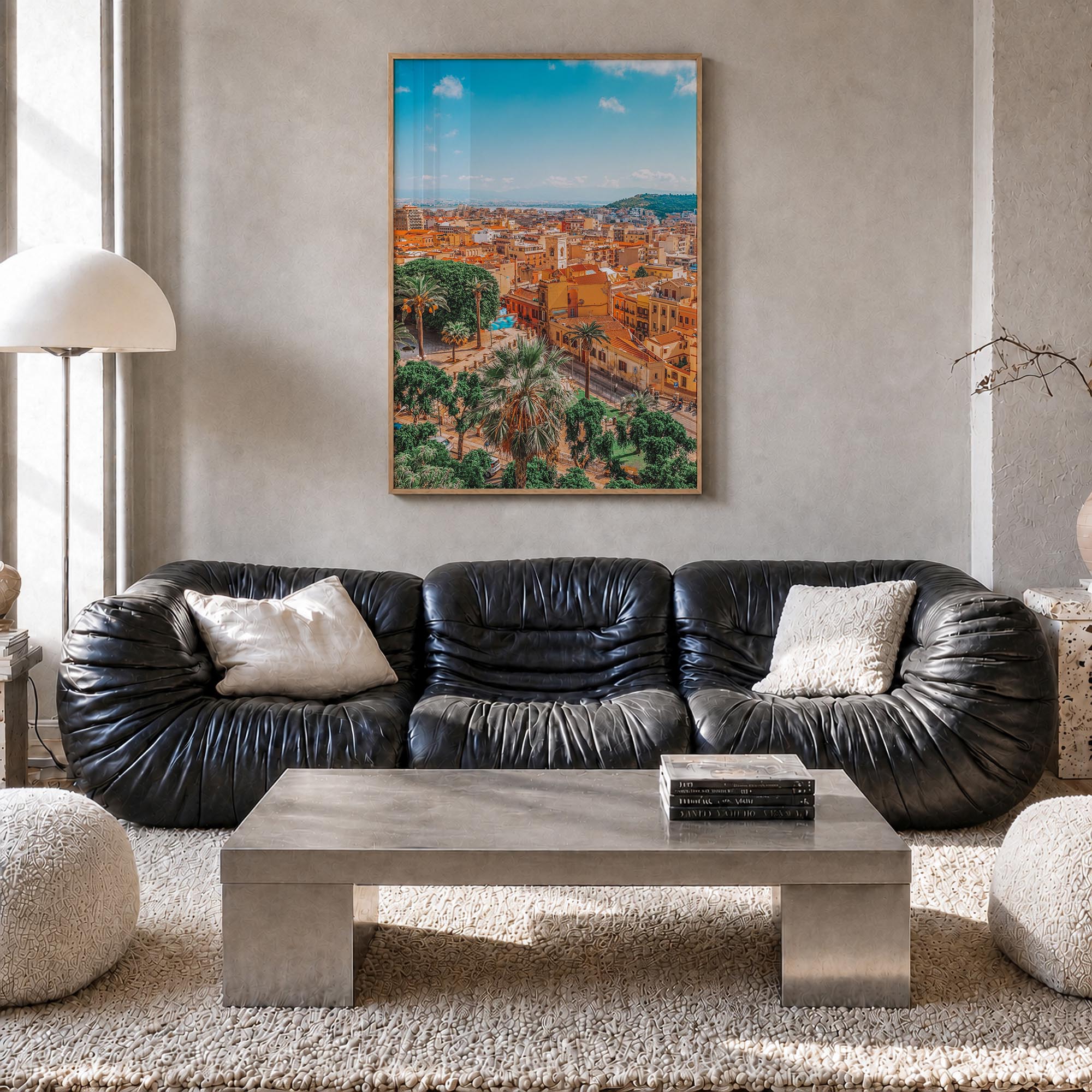 Cagliari colorful photo poster of Italy – vertical wall art in natural wood frame, hanging on wall