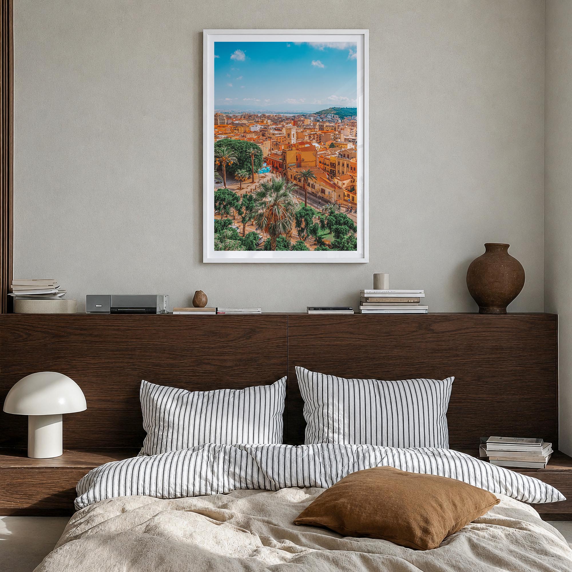 Cagliari colorful photo poster of Italy – vertical wall art in white wood frame with white border, hanging on wall