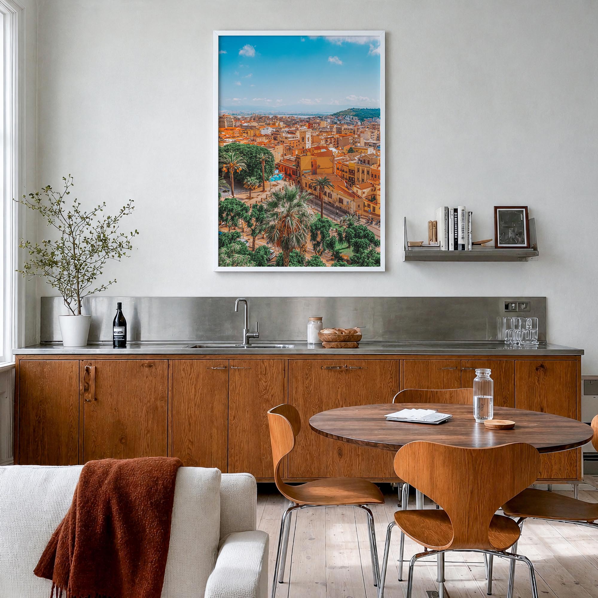 Cagliari colorful photo poster of Italy – vertical wall art in white wood frame, hanging on wall