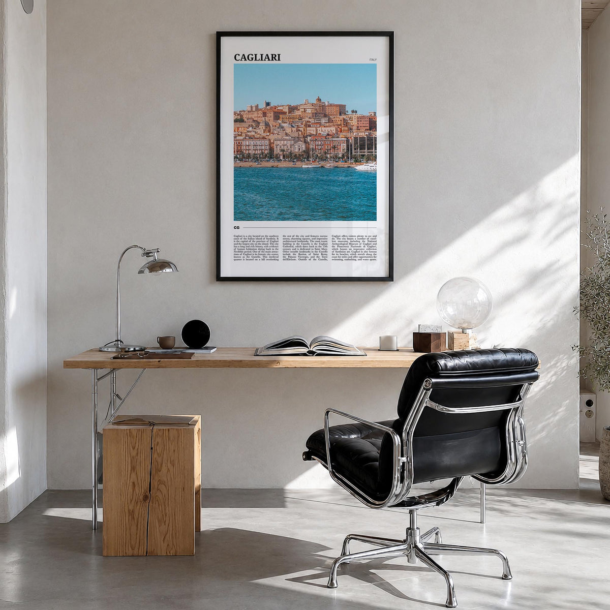 Cagliari colorful travel poster of Italy – vertical wall art in black wood frame, hanging on wall