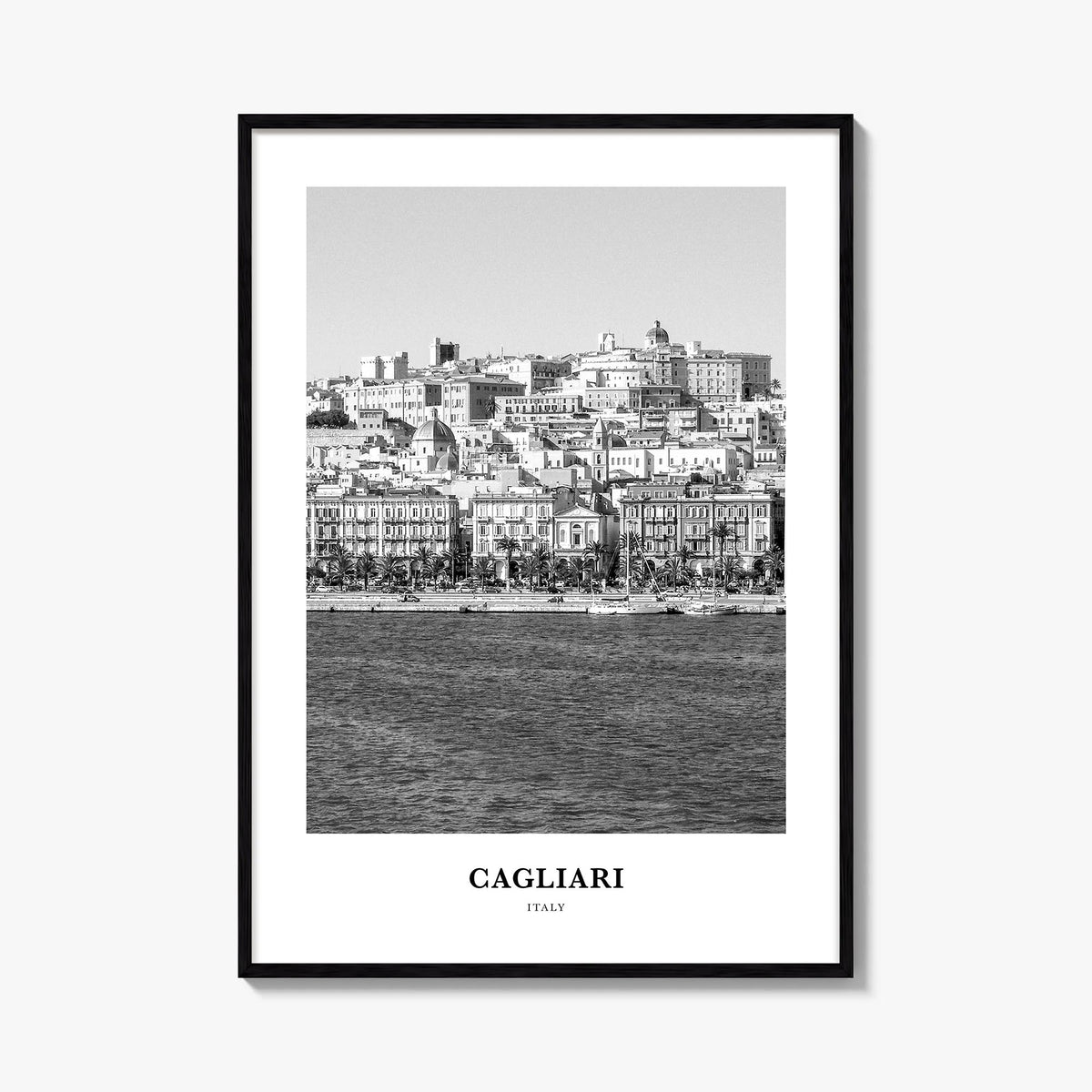 Cagliari no. 1 black & white classic poster of Italy – vertical wall art, unframed print shown in interior mockup