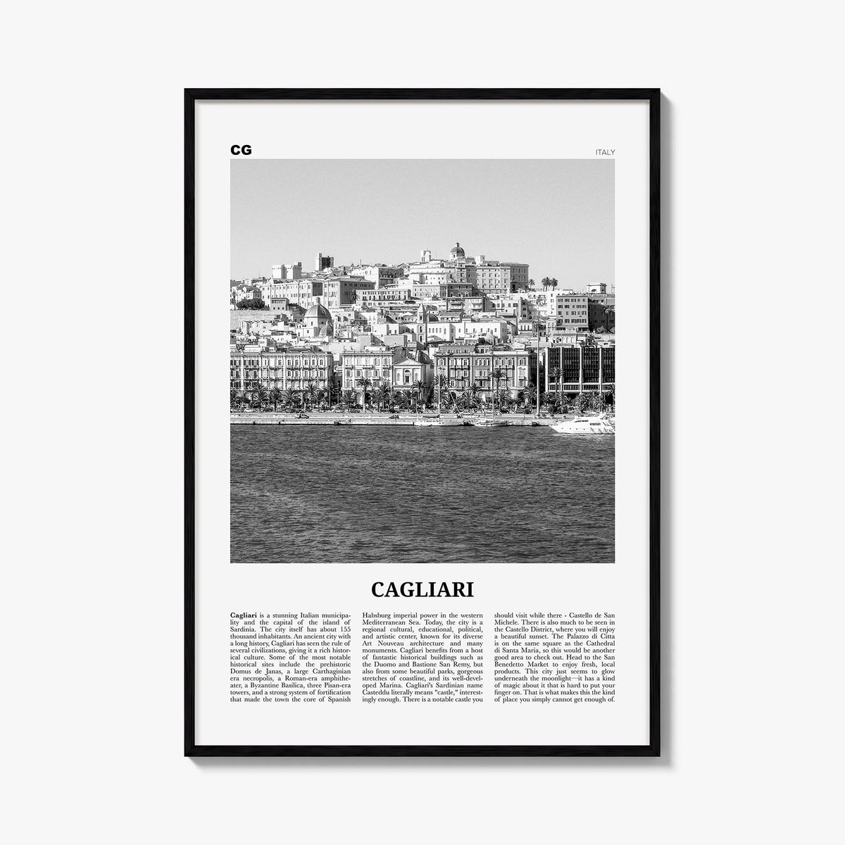 Cagliari no. 1 black & white newspaper poster of Italy – vertical wall art, unframed print shown in interior mockup