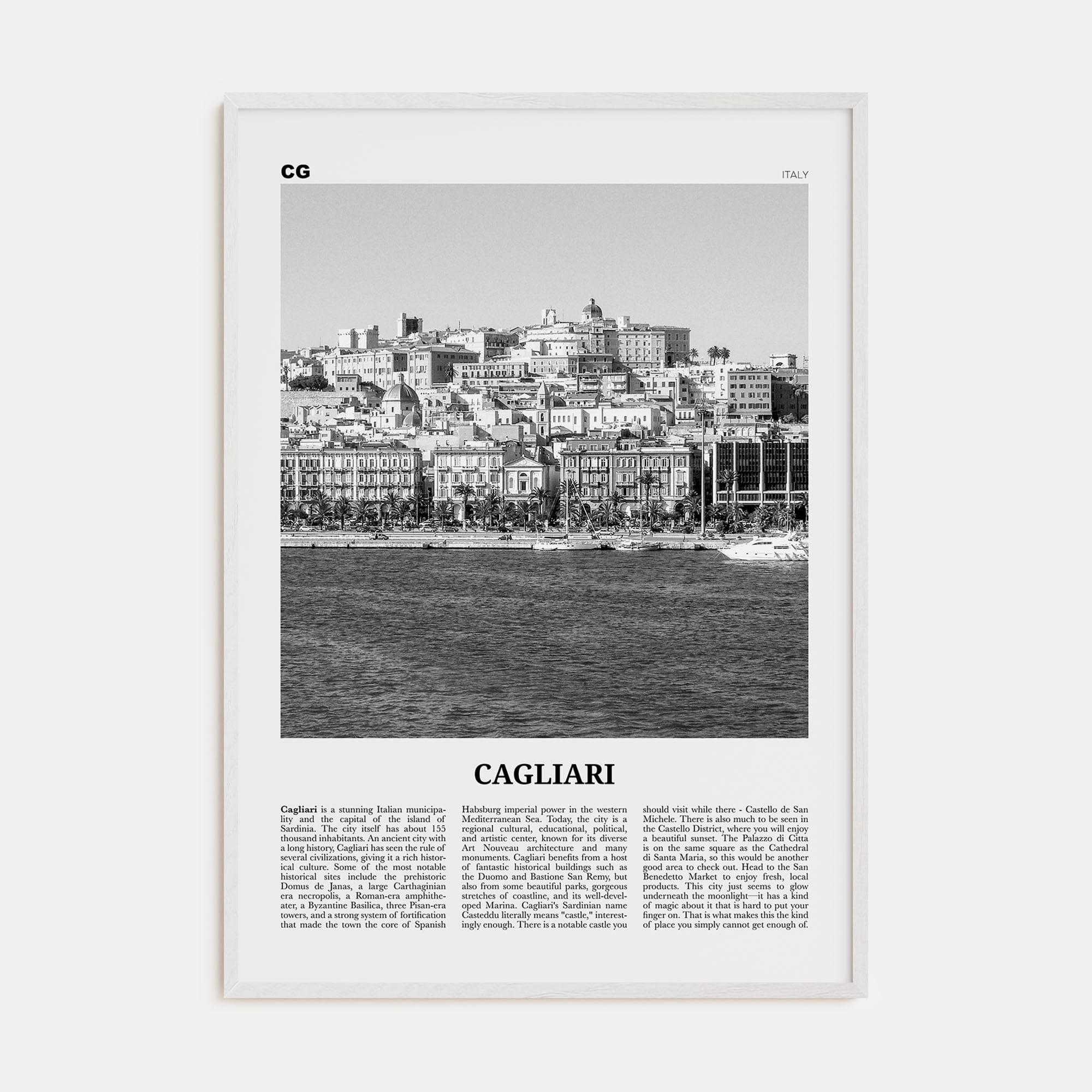 Cagliari No 1 Poster White Wood / 8x12 in Nbourhood Travel B&W Poster