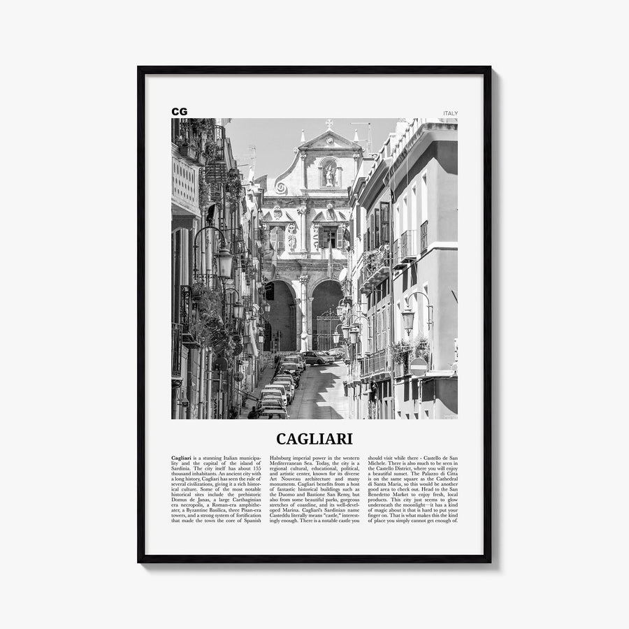 Cagliari no. 2 black & white newspaper poster of Italy – vertical wall art, unframed print shown in interior mockup