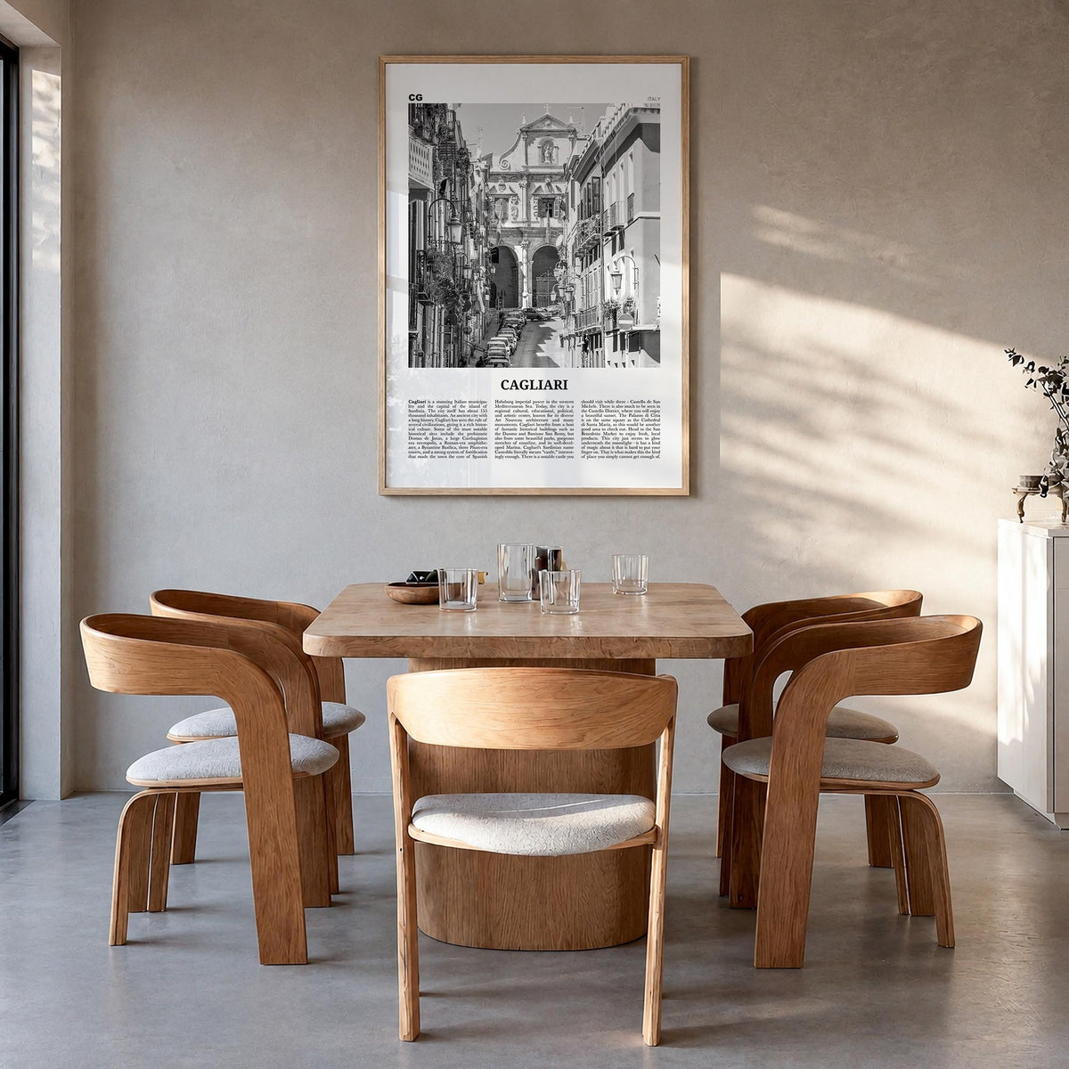 Cagliari no. 2 black & white newspaper poster of Italy – vertical wall art in natural wood frame, hanging on wall