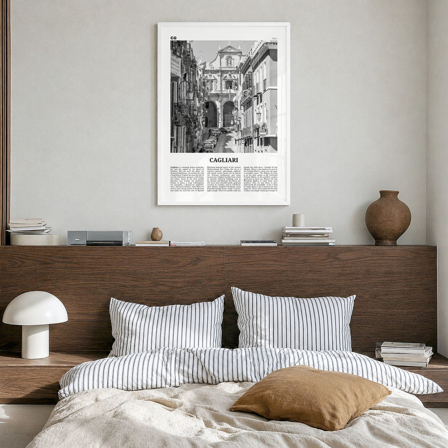 Cagliari Newspaper No 2 Poster in a white wood frame, hanging in a bedroom
