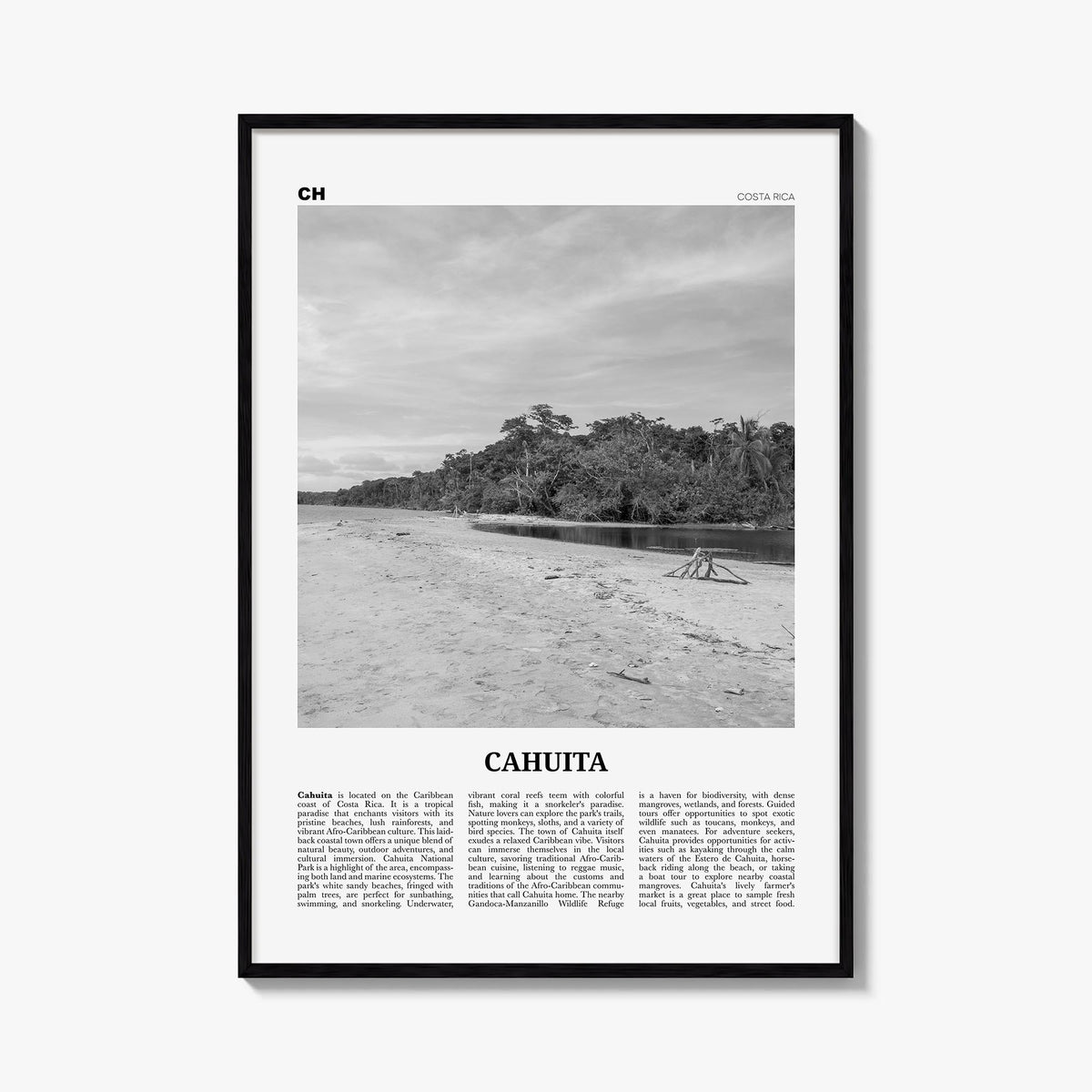 Cahuita black & white newspaper poster of Costa Rica – vertical wall art, unframed print shown in interior mockup